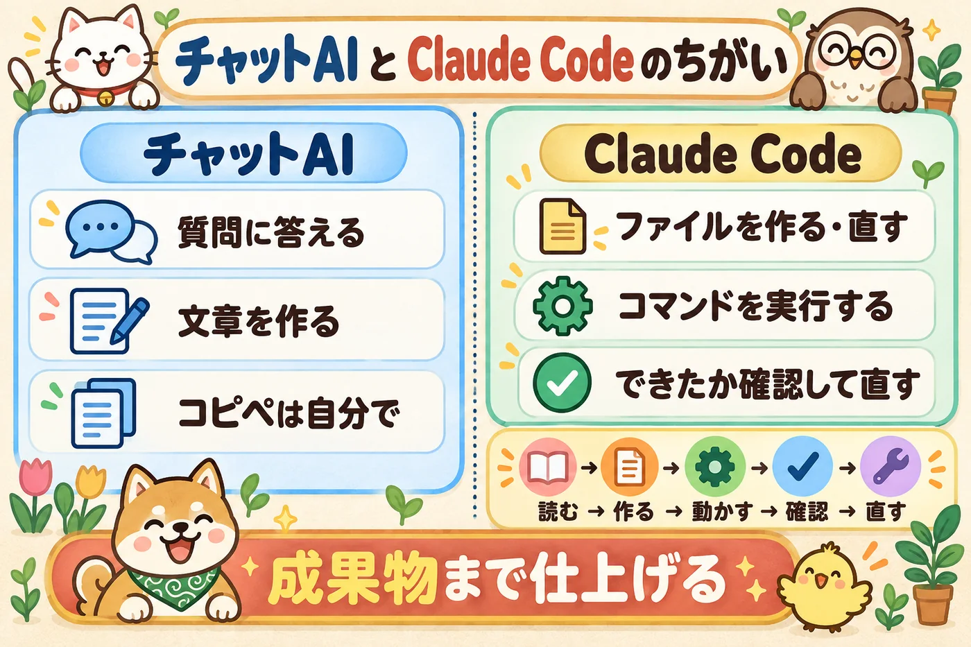 図解: チャットAIは質問に答える。Claude Code はファイルを作り、コマンドを実行し、確認して直す。