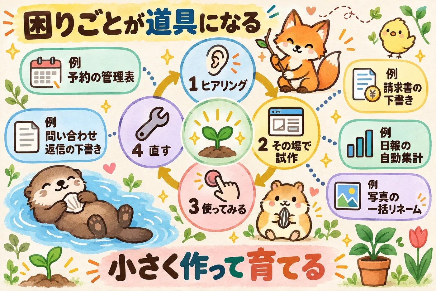 図解: ヒアリング→その場で試作→使ってみる→直す、の4ステップと業務ツールの例。