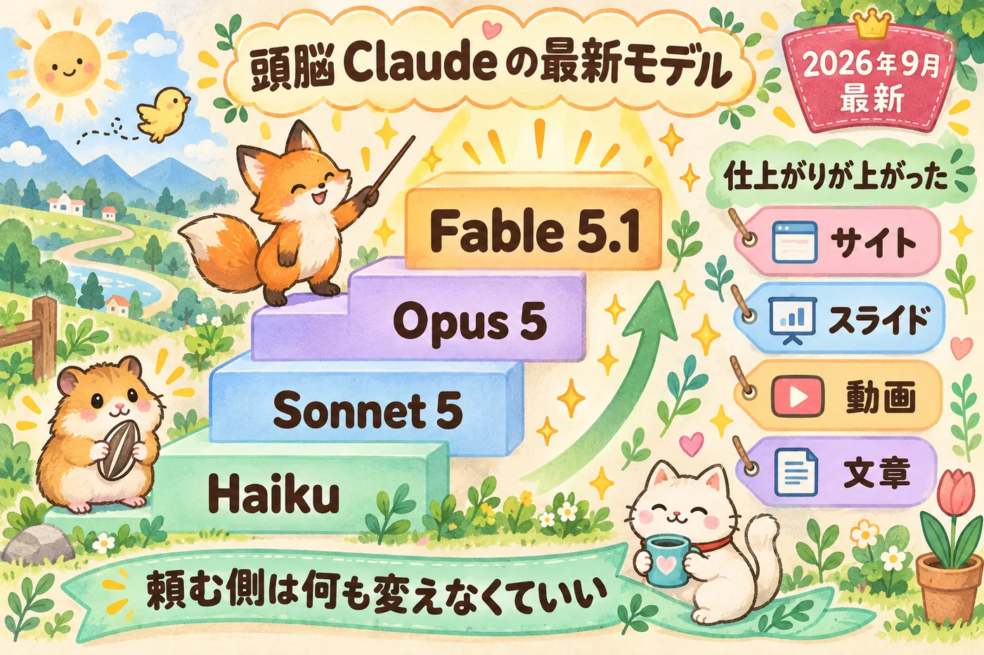 図解: Haiku から Fable 5.1 までの4段の階段と、仕上がりが上がった4つの領域。