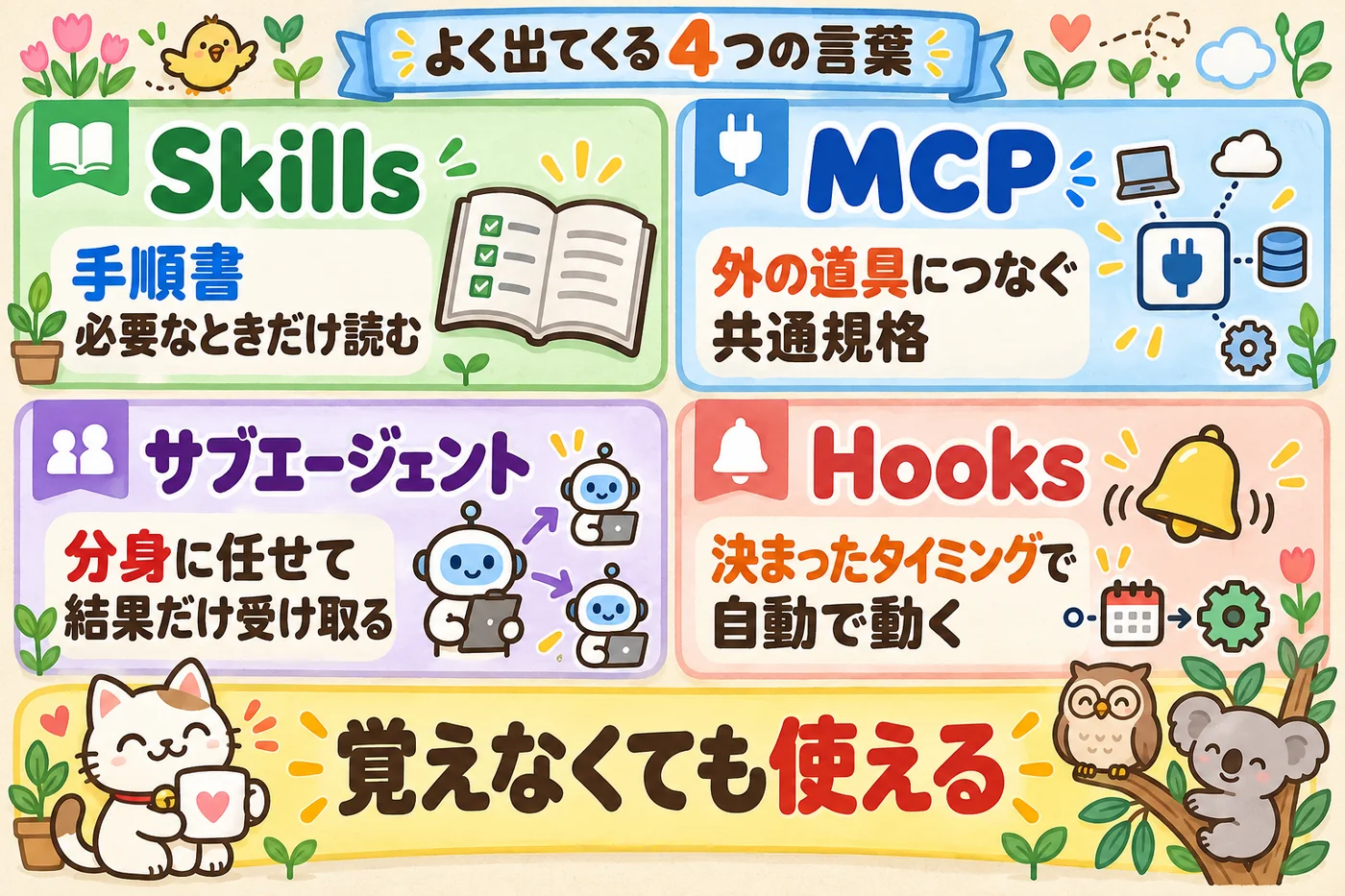 図解: Skills・MCP・サブエージェント・Hooks の4つの言葉を2×2のパネルで説明。
